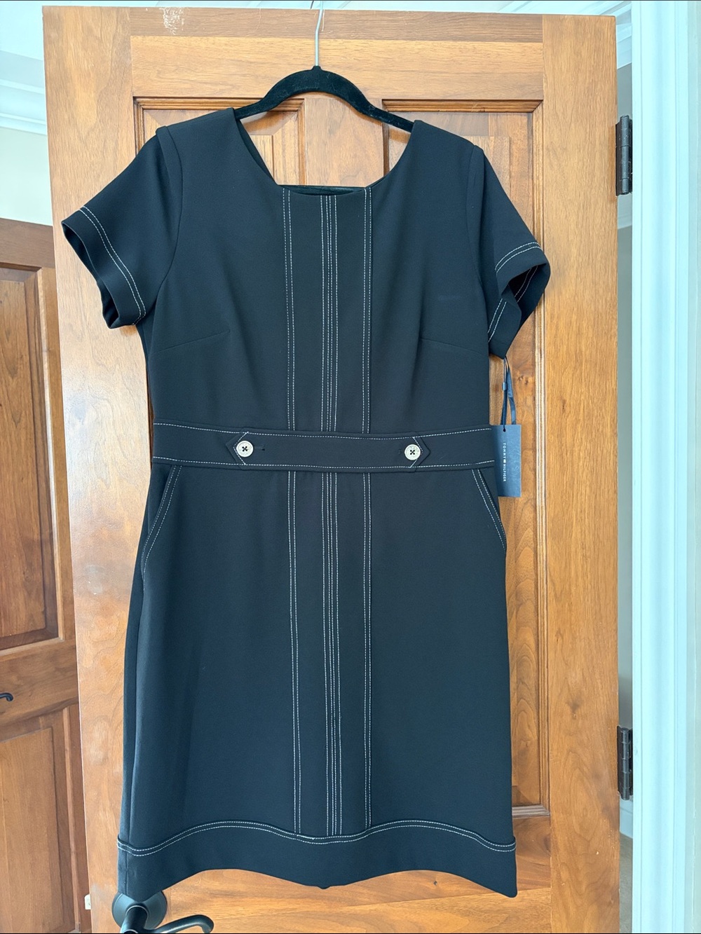 Tommy Hilfiger Black Mini Dress with White Contrast Stitching and Belt Detail